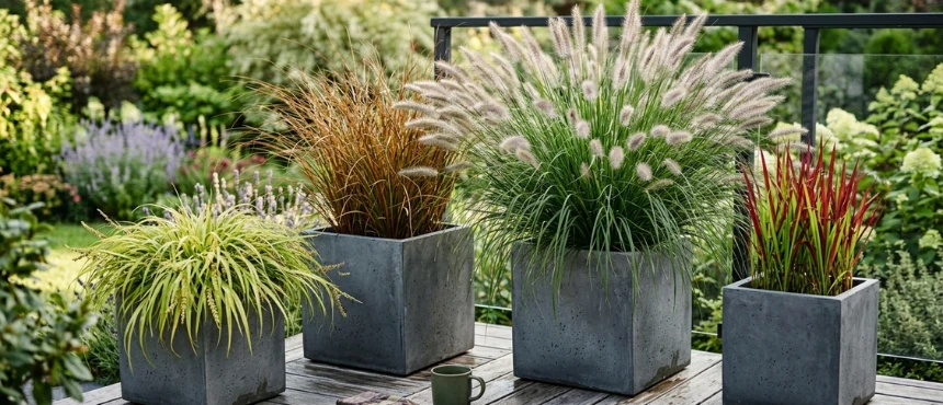 Inspirujące kompozycje z traw ozdobnych i kwiatów w donicach na tarasie